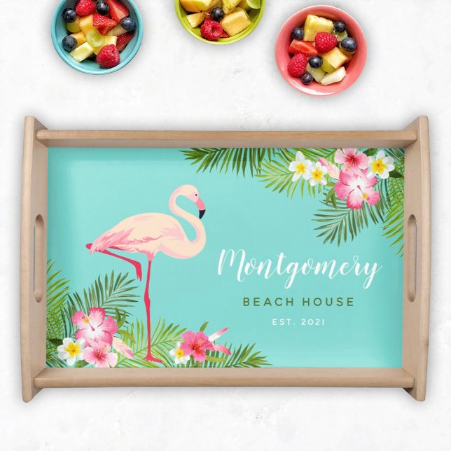 Tropical Pink Flamingo Floral Beach House Monogram Serving Tray (Creator Uploaded)