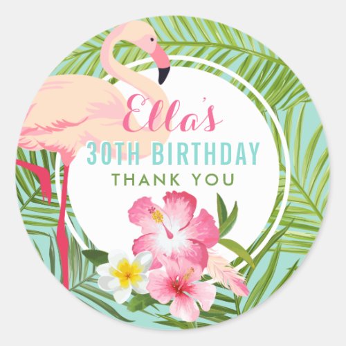 Tropical Pink Flamingo Floral Birthday Party Classic Round Sticker