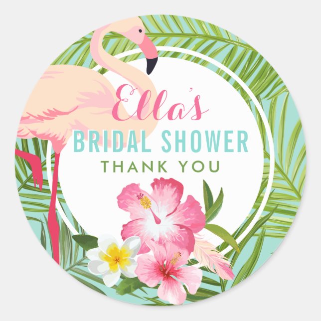Tropical Pink Flamingo Floral Bridal Classic Round Sticker (Front)