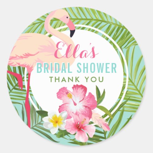 Tropical Pink Flamingo Floral Bridal Shower Classic Round Sticker