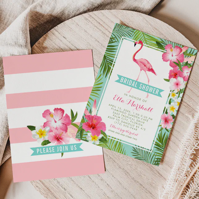 Tropical Pink Flamingo Floral Bridal Shower Invitation | Zazzle