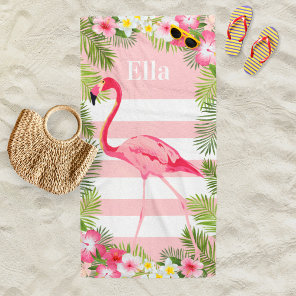 Tropical Pink Flamingo Floral Custom Monogram Beach Towel
