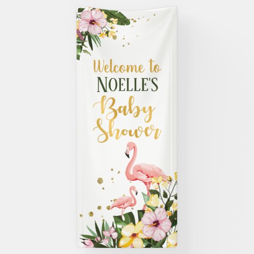 Tropical Pink Flamingo Floral Gold Baby Shower Banner