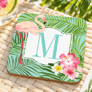 Tropical Pink Flamingo Floral Monogram Initial Beverage Coaster