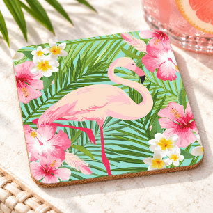 Tropical Pink Flamingo Floral Palm Leaves Beverage Coaster