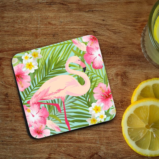 Tropical Pink Flamingo Floral Palm Leaves Beverage Coaster (Creator Uploaded)