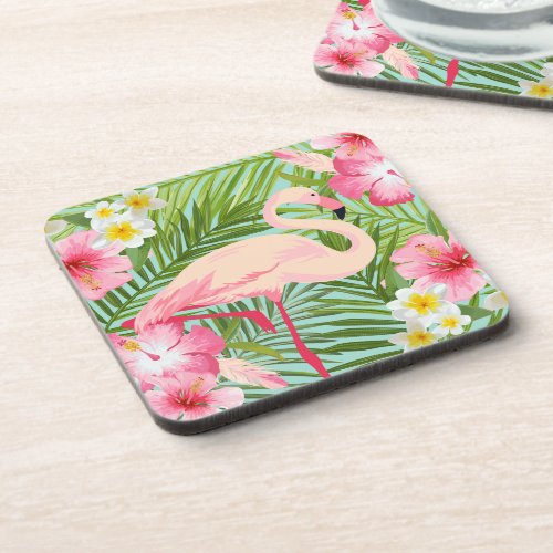Tropical Pink Flamingo Floral Palm Leaves Beverage Coaster