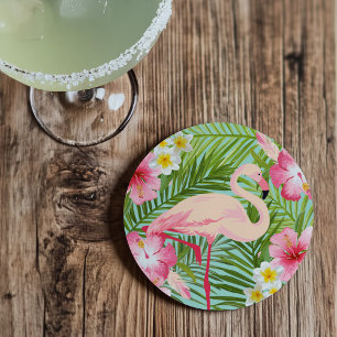 Tropical Pink Flamingo Floral Palm Leaves Summer Coaster