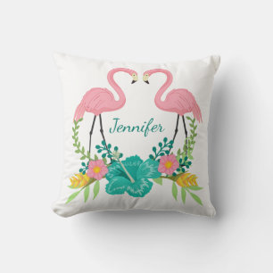 Tropical Pink Flamingo Floral Personalized Throw Pillow