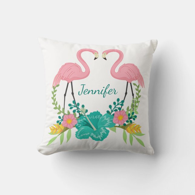 Tropical Pink Flamingo Floral Personalized Throw Pillow (Front)
