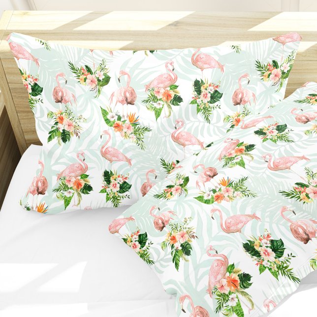 Tropical Pink Flamingo Floral Pillow Case (Tropical flowers and pink flamingos add a fresh summer vibe to your bedroom.)