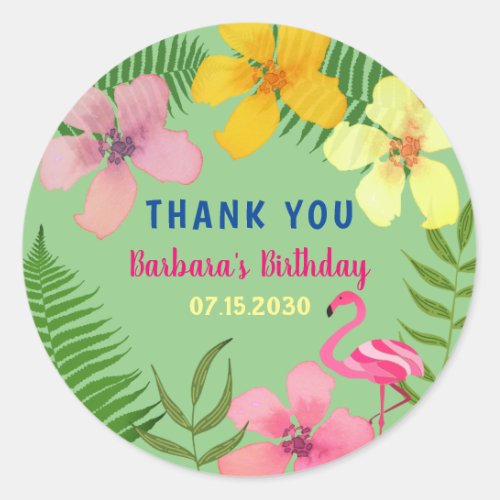 Tropical Pink Flamingo Floral Thank You Classic Round Sticker