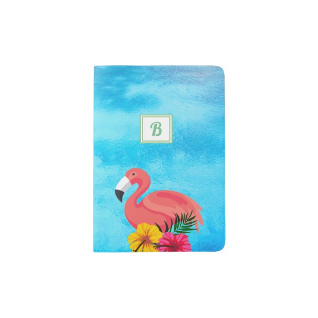 Tropical Pink Flamingo & Flower | Monogram Passport Holder (Front)