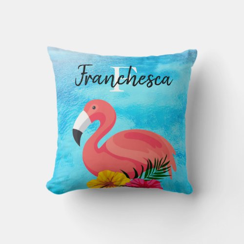 Tropical Pink Flamingo  Flower  Monogram Throw Pillow