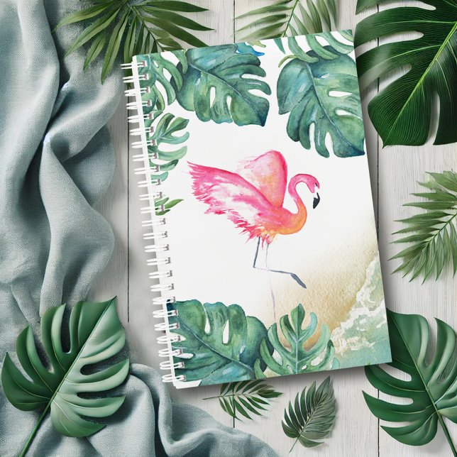 Tropical Pink Flamingo Gifts Planner (Tropical planner with watercolor pink flamingo and palm leaves art by Victoria Grigaliunas)
