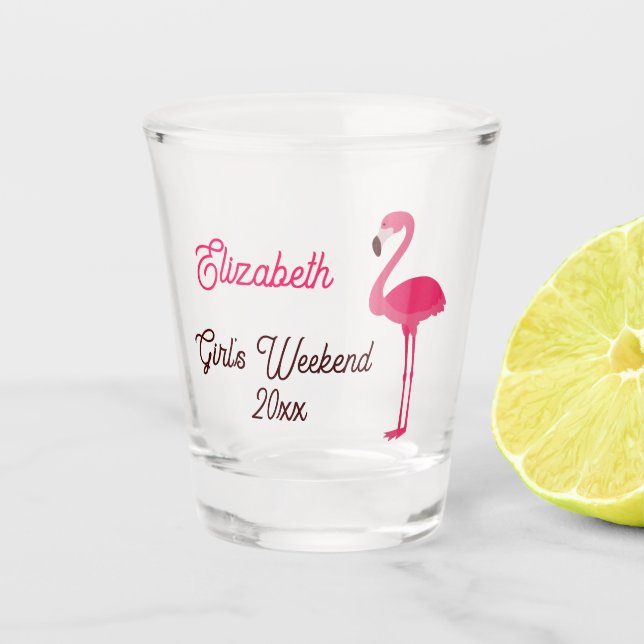 Tropical Pink Flamingo Girl's Weekend Shot Glass (Front)