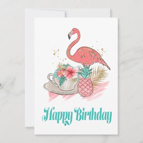 Tropical Pink Flamingo Gold Glitter Happy Birthday Card