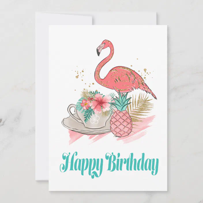 Tropical Pink Flamingo Gold Glitter Happy Birthday Card Zazzle Com