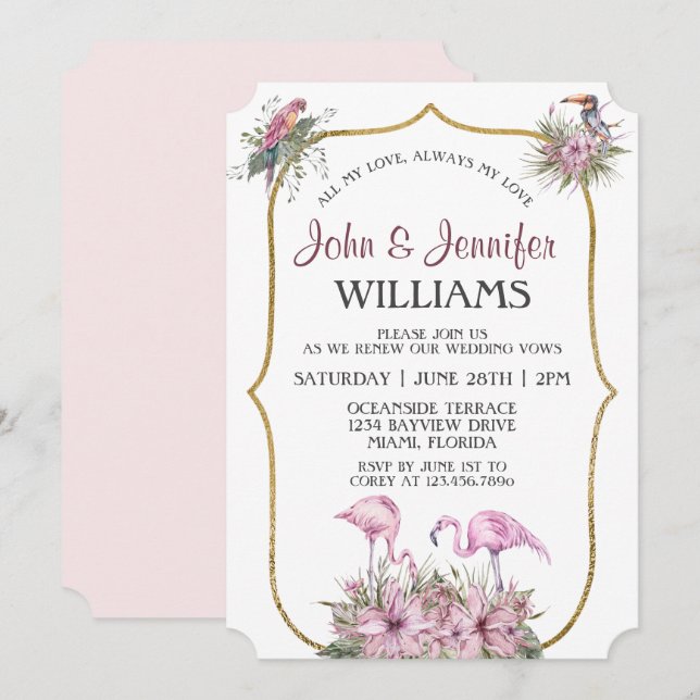 Tropical Pink Flamingo Gold Vow Renewal Invitation (Front/Back)