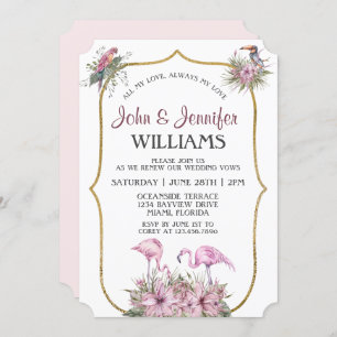 Tropical Pink Flamingo Gold Vow Renewal Invitation