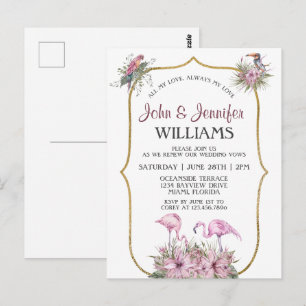 Tropical Pink Flamingo Gold Wedding Vow Renewal Postcard