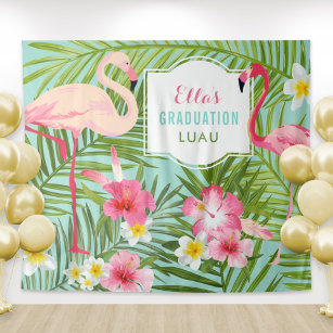 Tropical Pink Flamingo Graduation Luau Backdrop