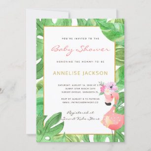 Tropical pink flamingo green leaves baby shower invitation