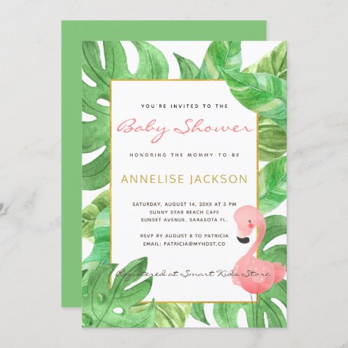 Tropical pink flamingo green leaves baby shower invitation