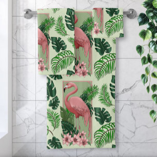 Tropical Pink Flamingo Green Palm Leaves Lily Bath Towel Set