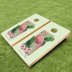 Tropical Pink Flamingo Green Palm Leaves Lily Cornhole Set