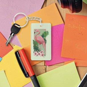 Tropical Pink Flamingo Green Palm Leaves Lily Keychain