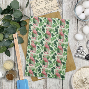 Tropical Pink Flamingo Green Palm Leaves Lily Kitchen Towel