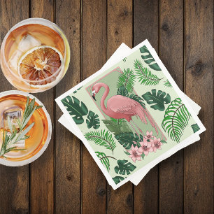 Tropical Pink Flamingo Green Palm Leaves Lily Paper Dinner Napkins