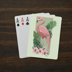 Tropical Pink Flamingo Green Palm Leaves Lily Poker Cards