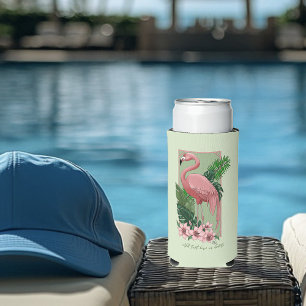 Tropical Pink Flamingo Green Palm Leaves Lily Seltzer Can Cooler