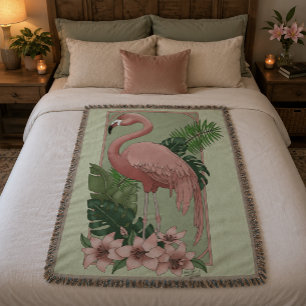 Tropical Pink Flamingo Green Palm Leaves Lily Throw Blanket