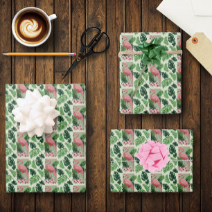 Tropical Pink Flamingo Green Palm Leaves Lily Wrapping Paper Sheets