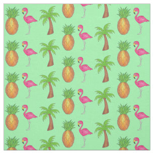 Tropical Pink Flamingo Green Palm Tree Pineapple Fabric