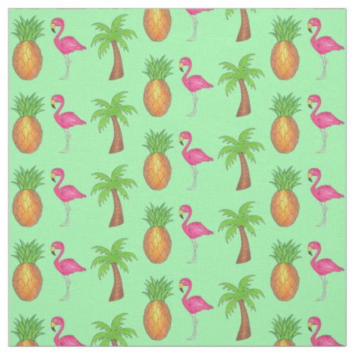 Tropical Pink Flamingo Green Palm Tree Pineapple Fabric