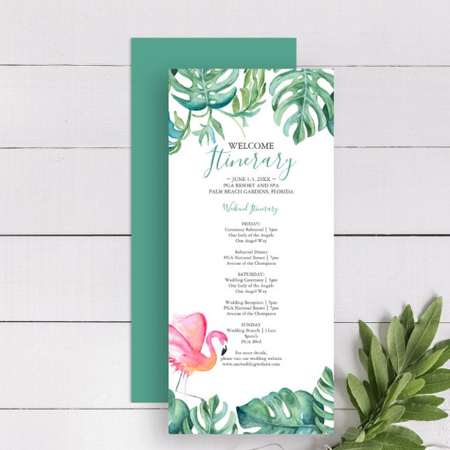 Tropical Pink Flamingo Greenery Wedding Itinerary (Wedding itinerary tropical destination weddings artwork and design by Victoria Grigaliunas)