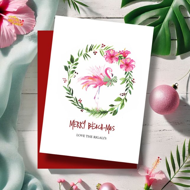Tropical Pink Flamingo Greeting Card for Christmas (Beach Christmas cards watercolor pink flamingo and hibiscus flowers wreath by Victoria Grigaliunas)