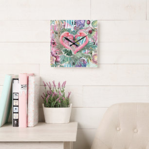 Tropical Pink Flamingo Heart Abstract Layered Art Square Wall Clock