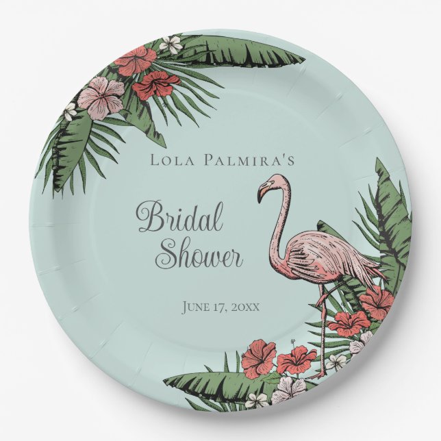 Tropical Pink Flamingo Hibiscus Bridal Shower Paper Plates (Front)