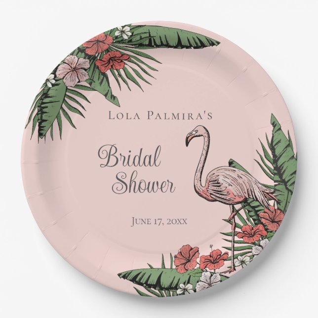Tropical Pink Flamingo Hibiscus Bridal Shower Paper Plates (Front)