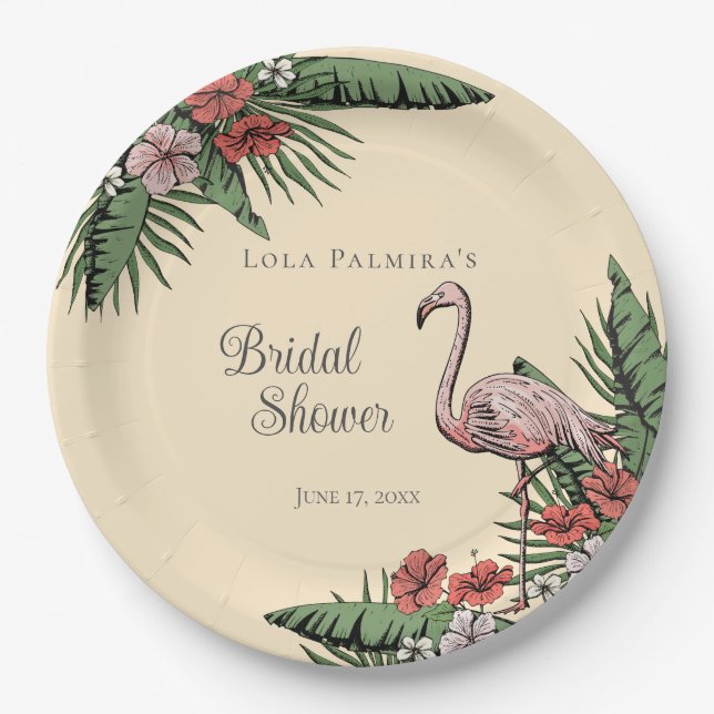 Tropical Pink Flamingo Hibiscus Bridal Shower Paper Plates (Front)
