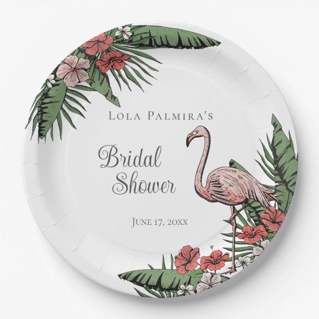Tropical Pink Flamingo Hibiscus Bridal Shower Paper Plates (Front)