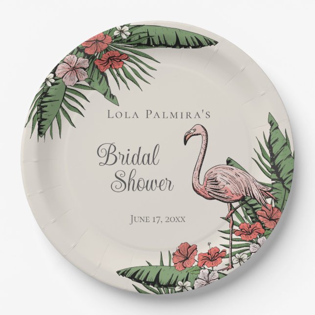 Tropical Pink Flamingo Hibiscus Bridal Shower Paper Plates (Front)
