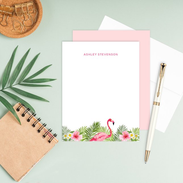 Tropical Pink Flamingo Hibiscus Monogram Note Card (Creator Uploaded)