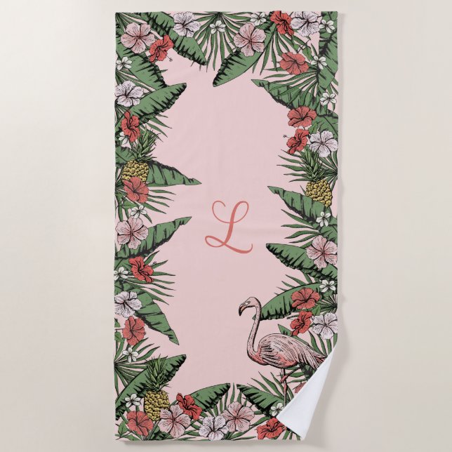 Tropical Pink Flamingo & Hibiscus Monogrammed Beach Towel (Front)
