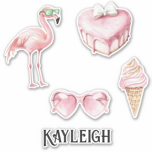 Tropical Pink Flamingo Ice Cream Hearts Sticker (Front)